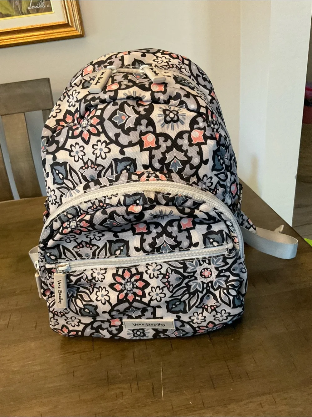 Vera Bradley Compact Backpack Lighten Up Grey Purple Mimosa Medallion Floral